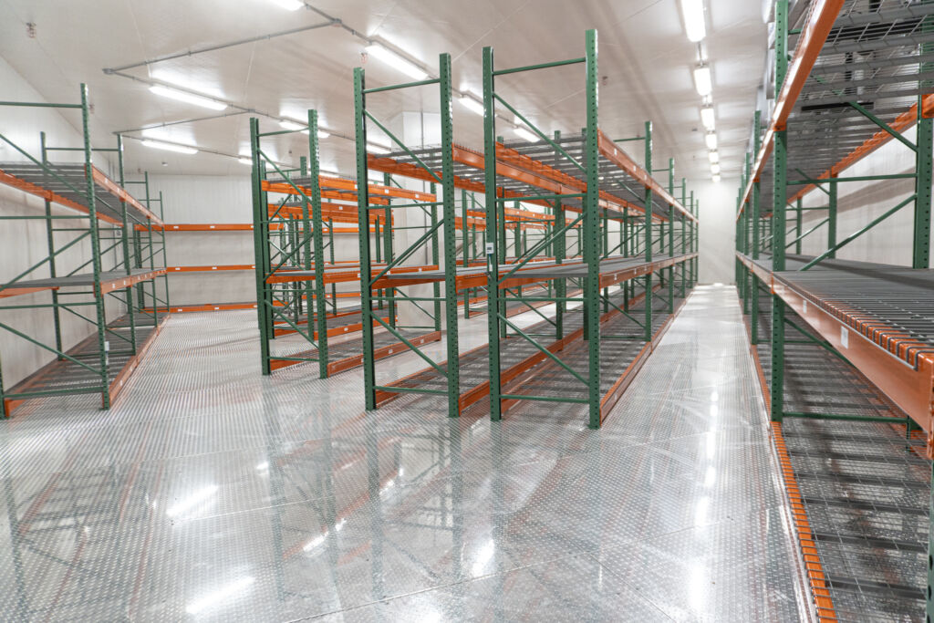 Empty pallet racking in a new walk-in cold storage room at Kryosphere